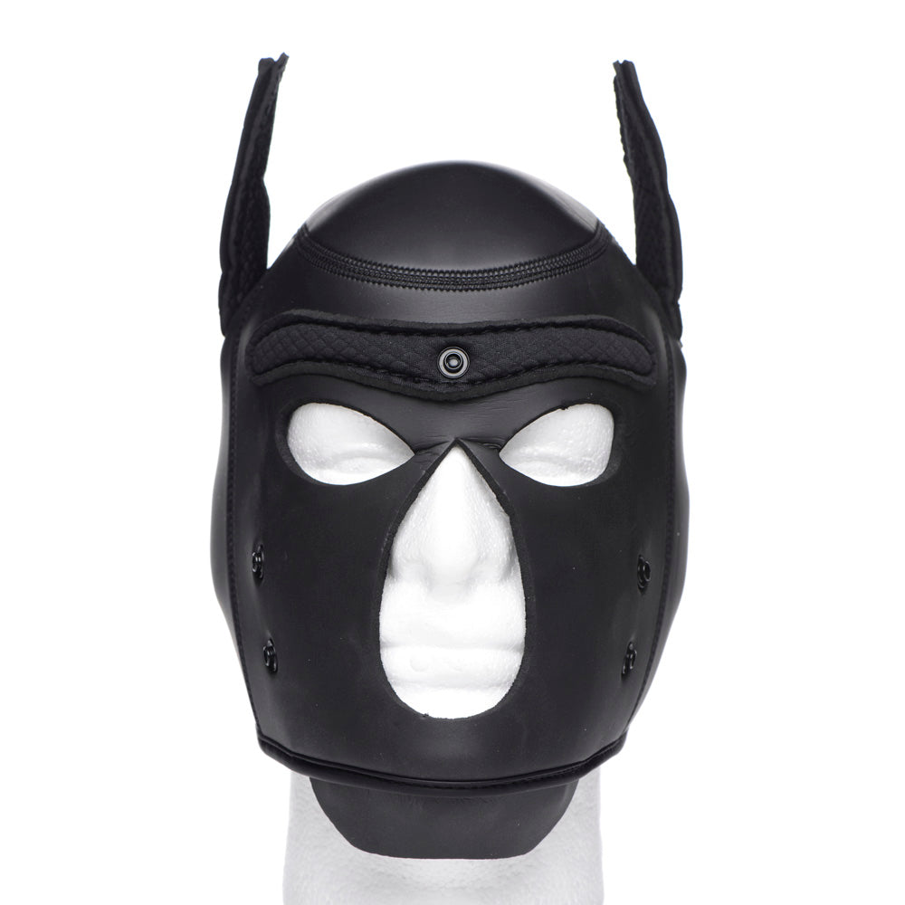 Black neoprene puppy play hood with removable muzzle and poseable ears.