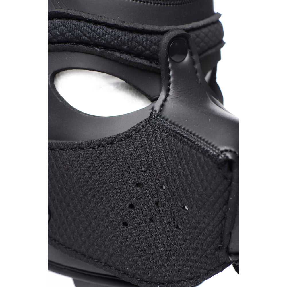 Black neoprene puppy play hood with a removable muzzle.