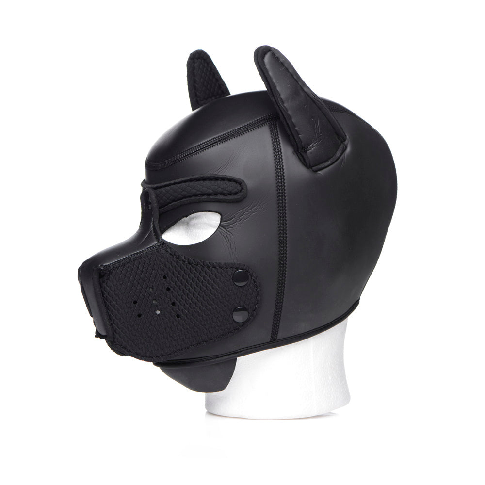 Black neoprene puppy play hood with a removable muzzle.