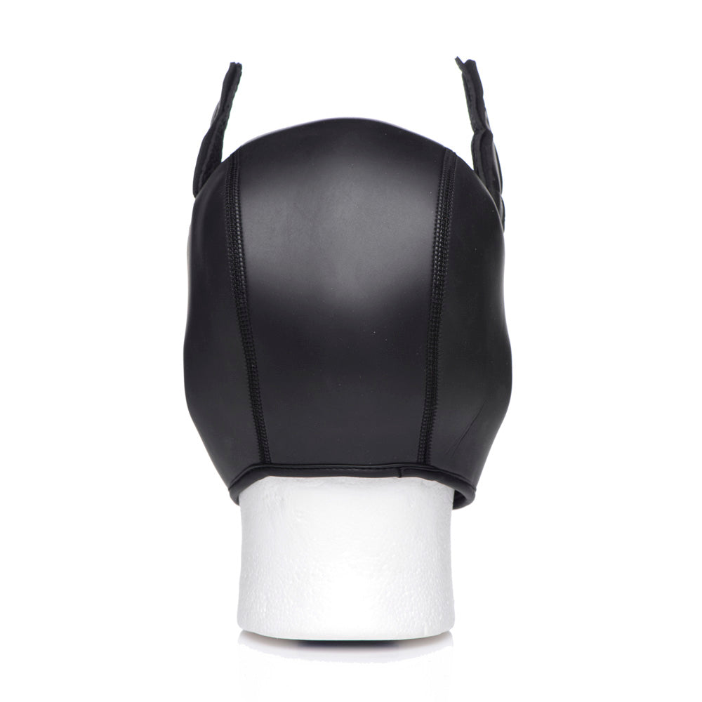 Black neoprene puppy play hood with ears.