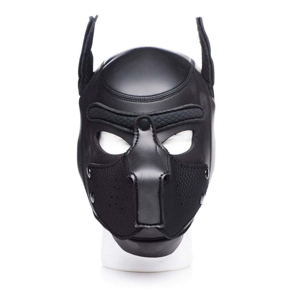 Black neoprene puppy play hood with removable muzzle and poseable ears.