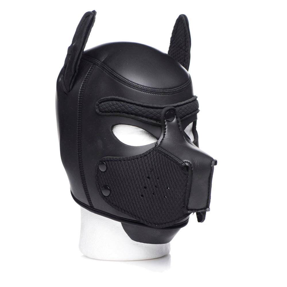 Black neoprene puppy play hood with removable muzzle and ears.