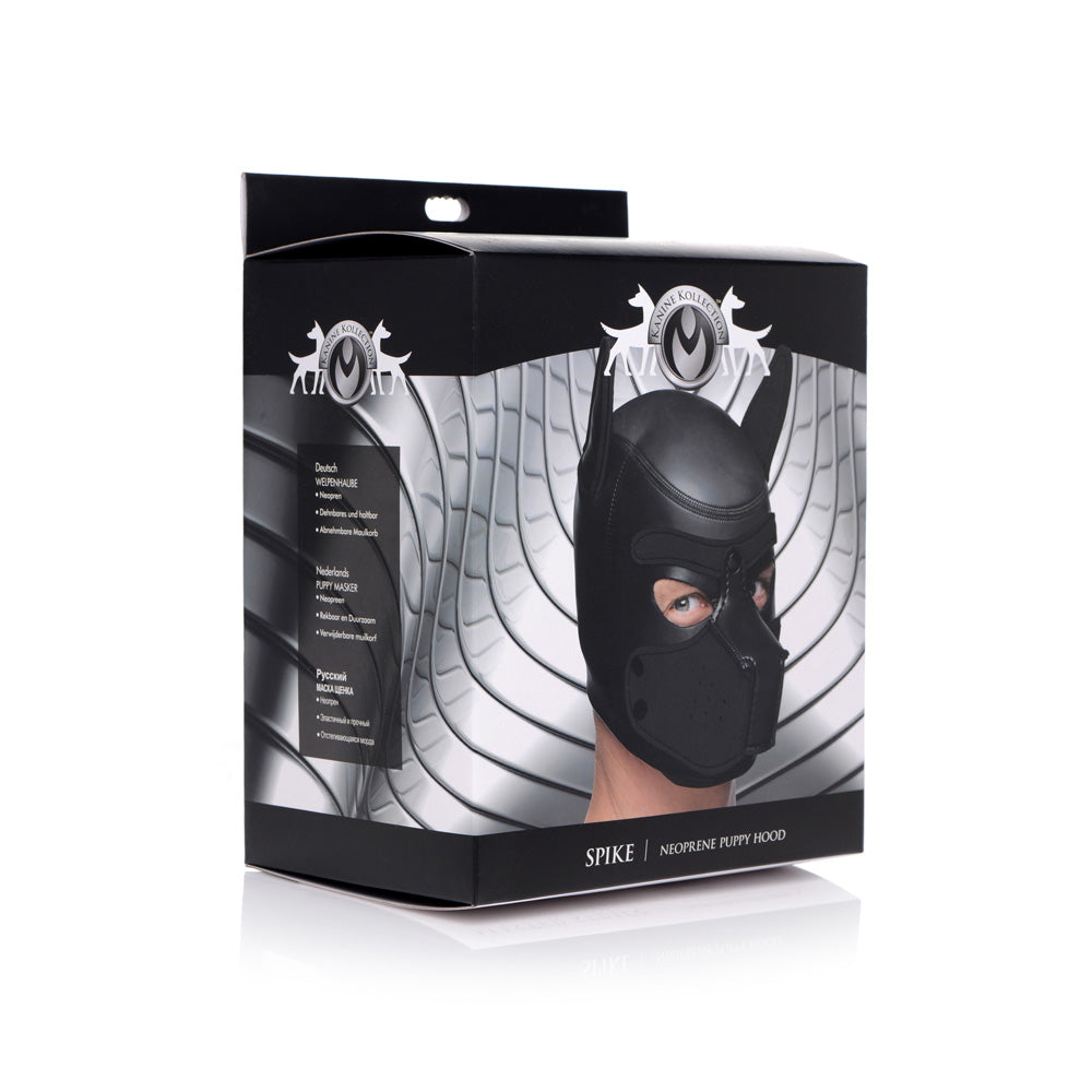 Black neoprene puppy hood with removable muzzle and poseable ears.