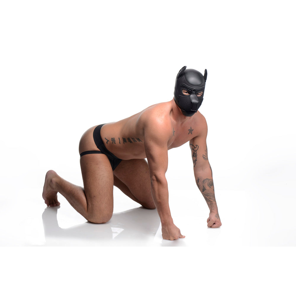 Black neoprene puppy hood with removable muzzle.