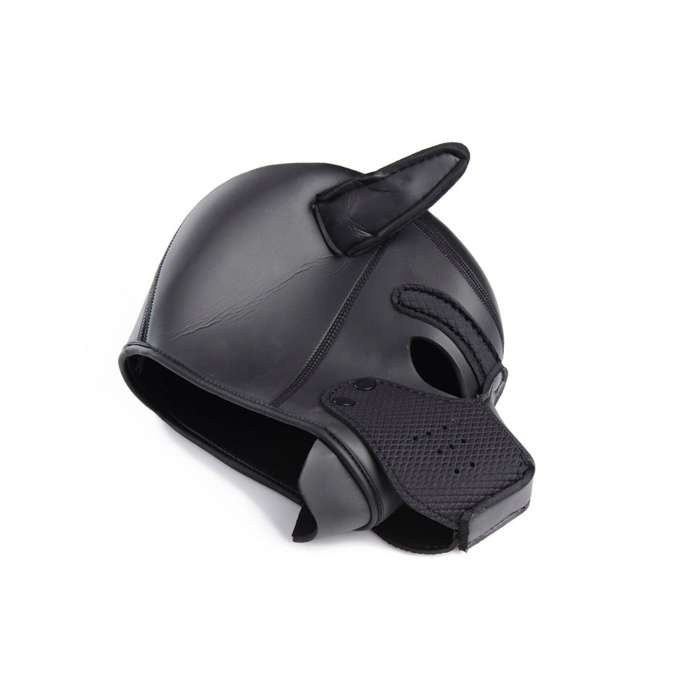 Black neoprene puppy play hood with removable muzzle and poseable ears.