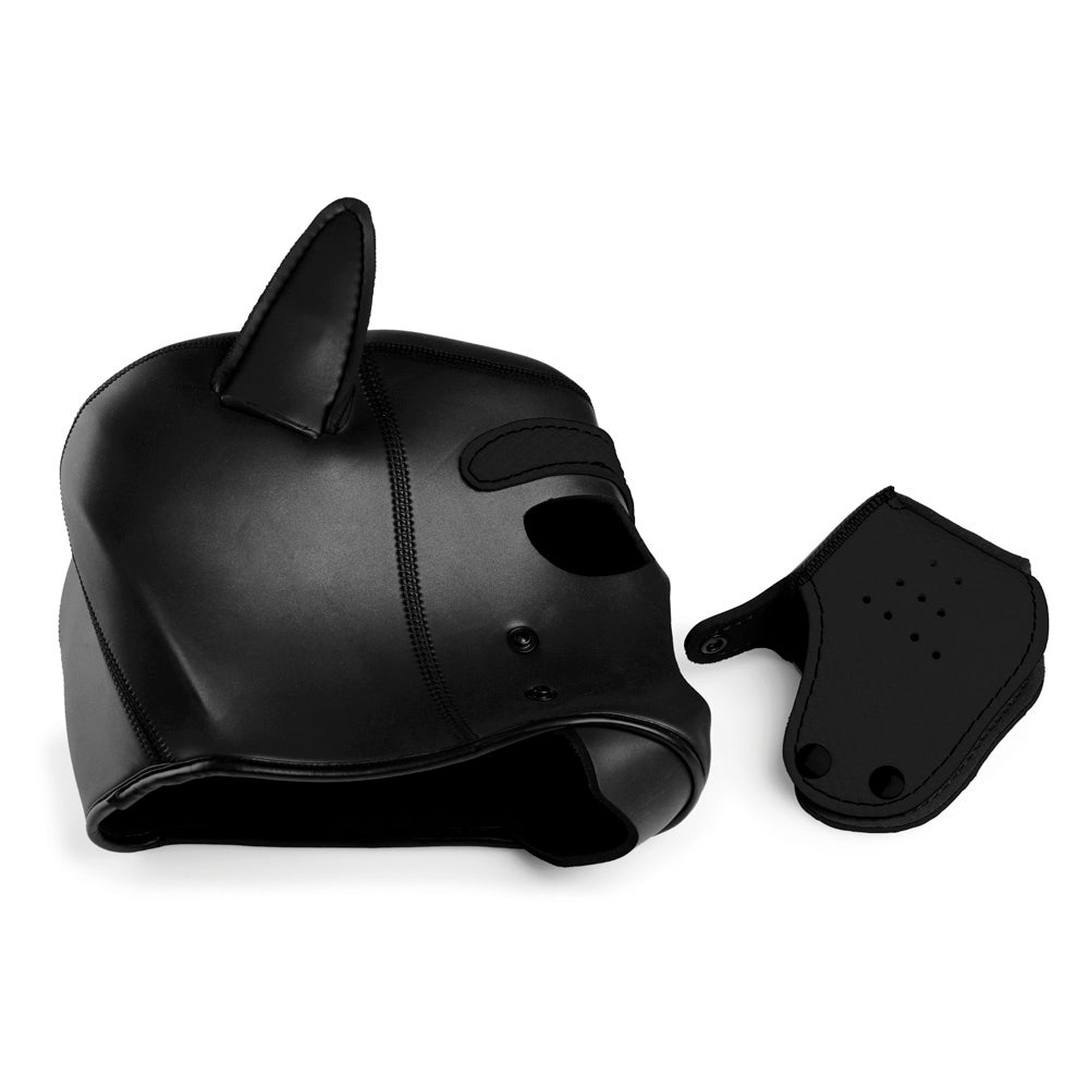 Black neoprene puppy hood with removable muzzle and poseable ears.