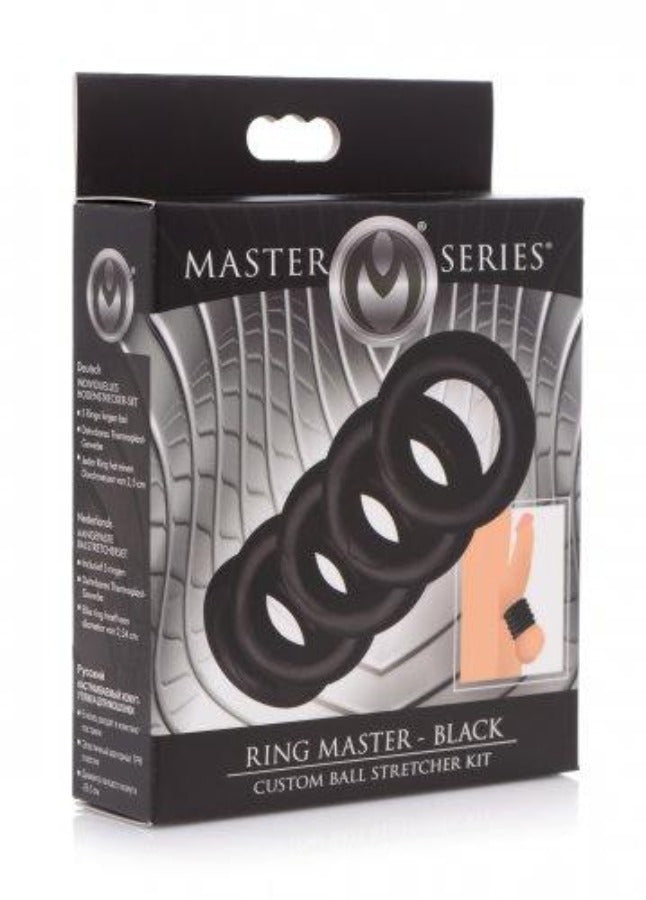 A black 5-piece ball stretcher and cock ring kit.