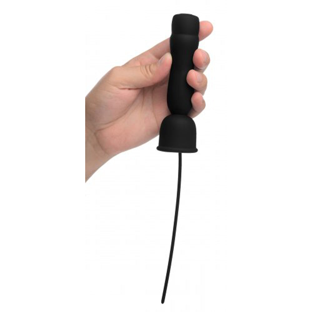 Black urethral sound with a bell-shaped base and thin cord.