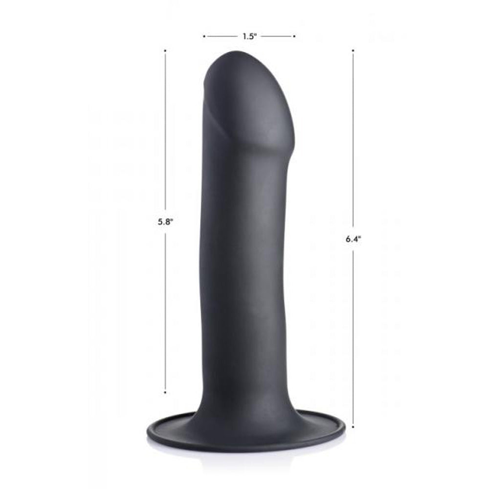 Black realistic silicone G-spot dildo with suction cup base and size markings.