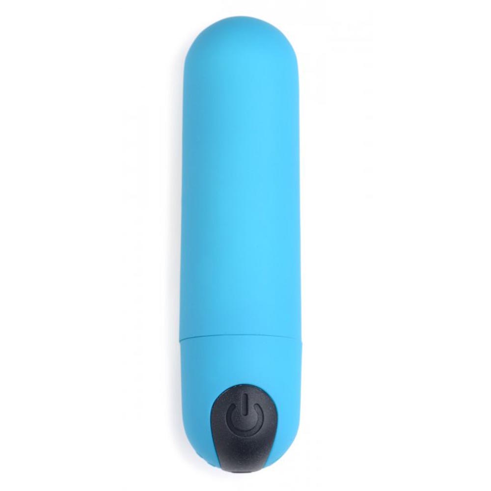 A blue vibrating bullet with a power button.