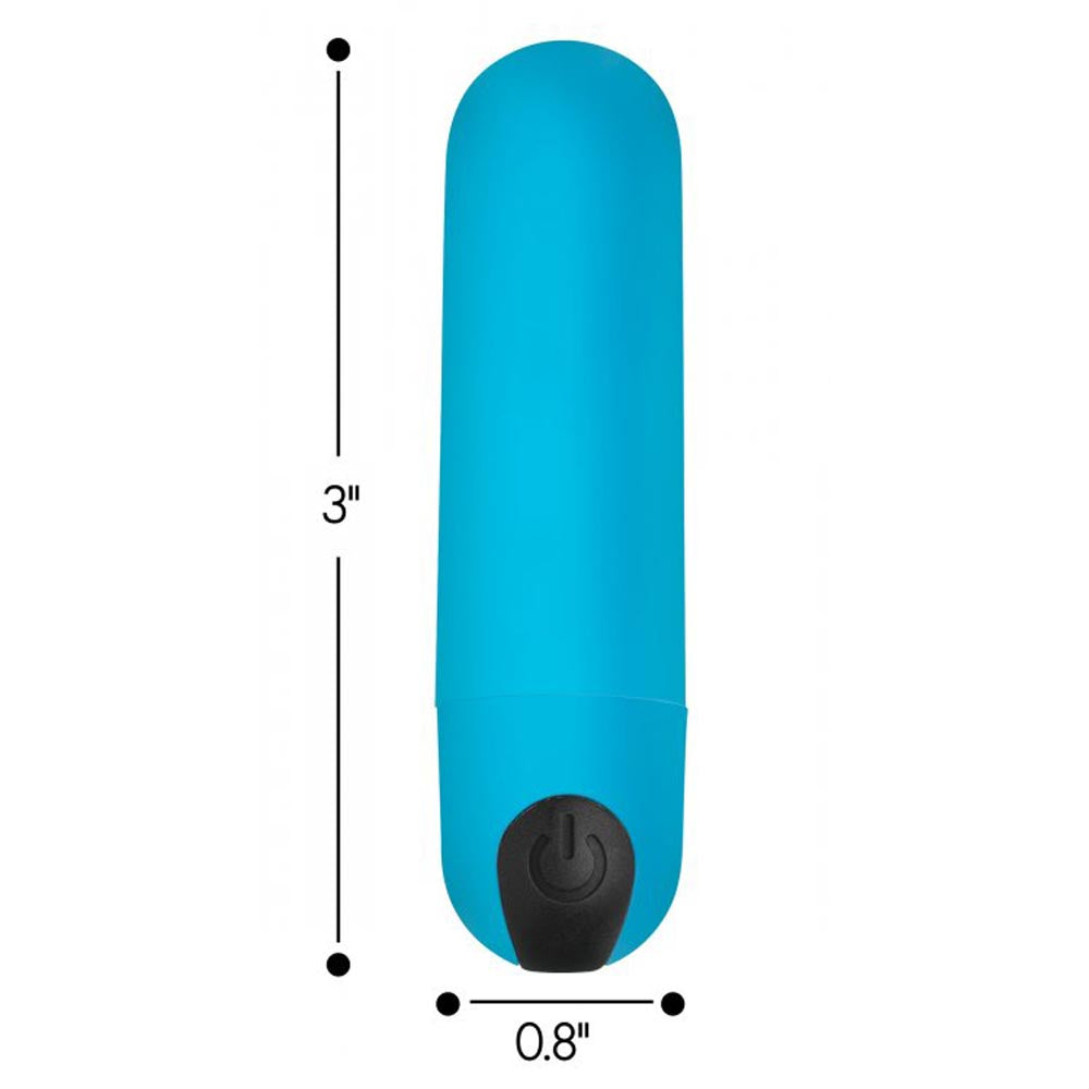 Blue rechargeable vibrating bullet with remote control, 3 inches long and 0.8 inches wide.