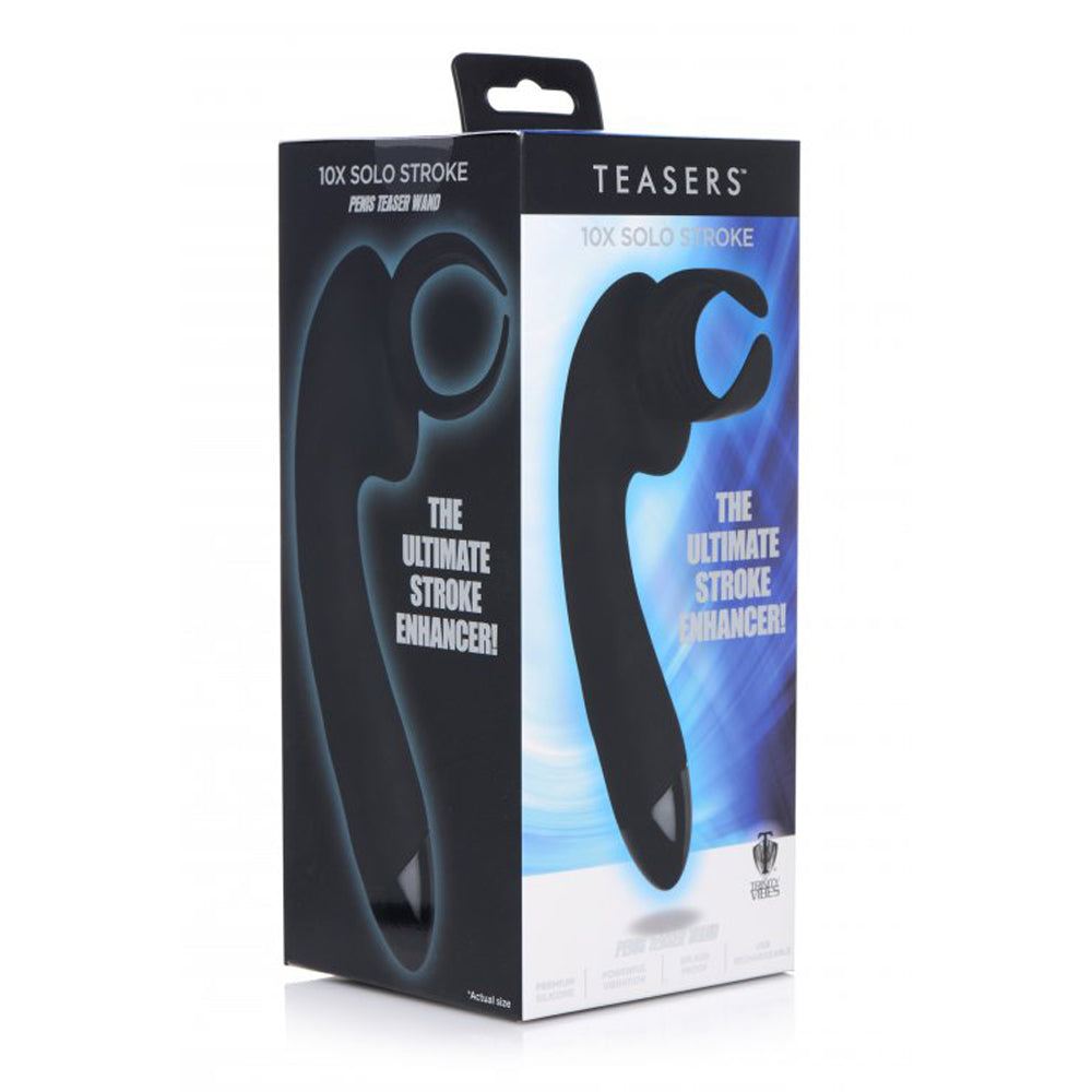 Black silicone penis teaser wand on its product box.