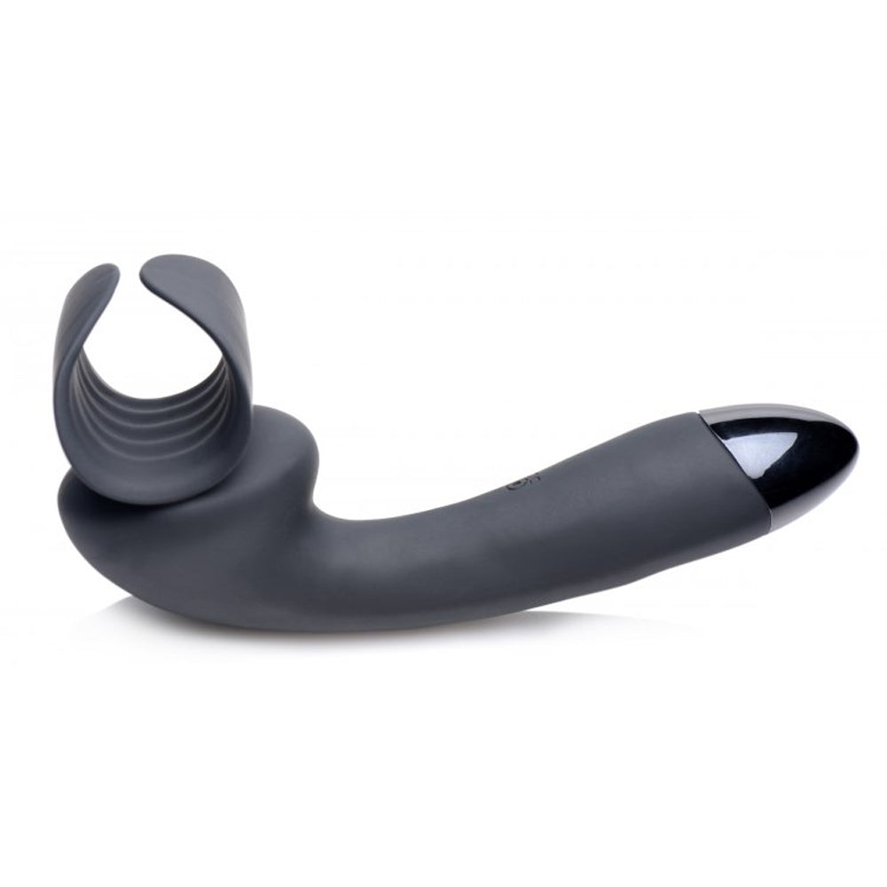 A dark gray silicone penis teaser wand with a ribbed ring at one end and a black tip at the other.