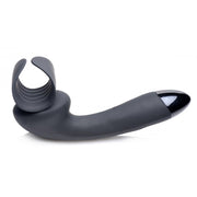 A dark gray silicone penis teaser wand with a ribbed ring at one end and a black tip at the other.