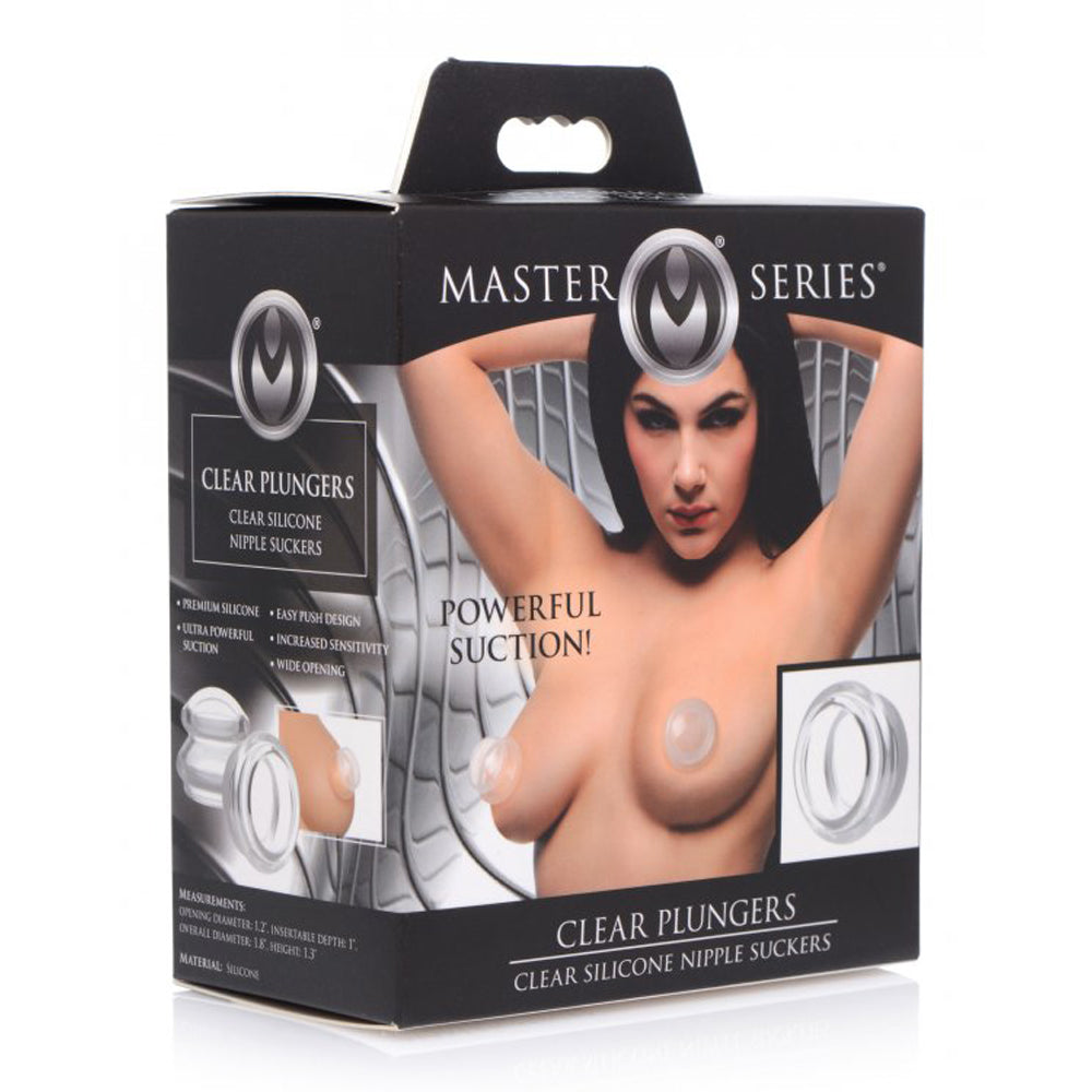 Black box packaging for small transparent silicone nipple plunger suckers with powerful suction.