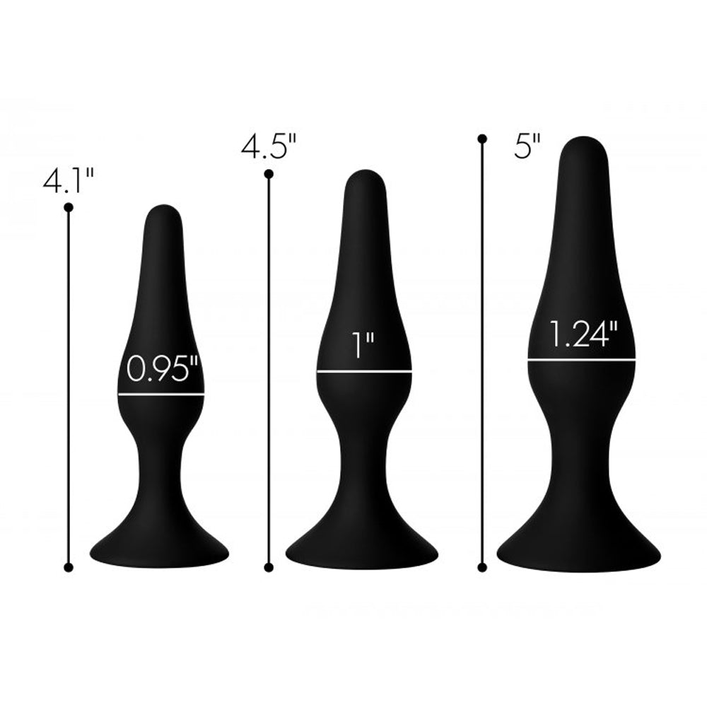 Black silicone anal trainer set with three graduated sizes.