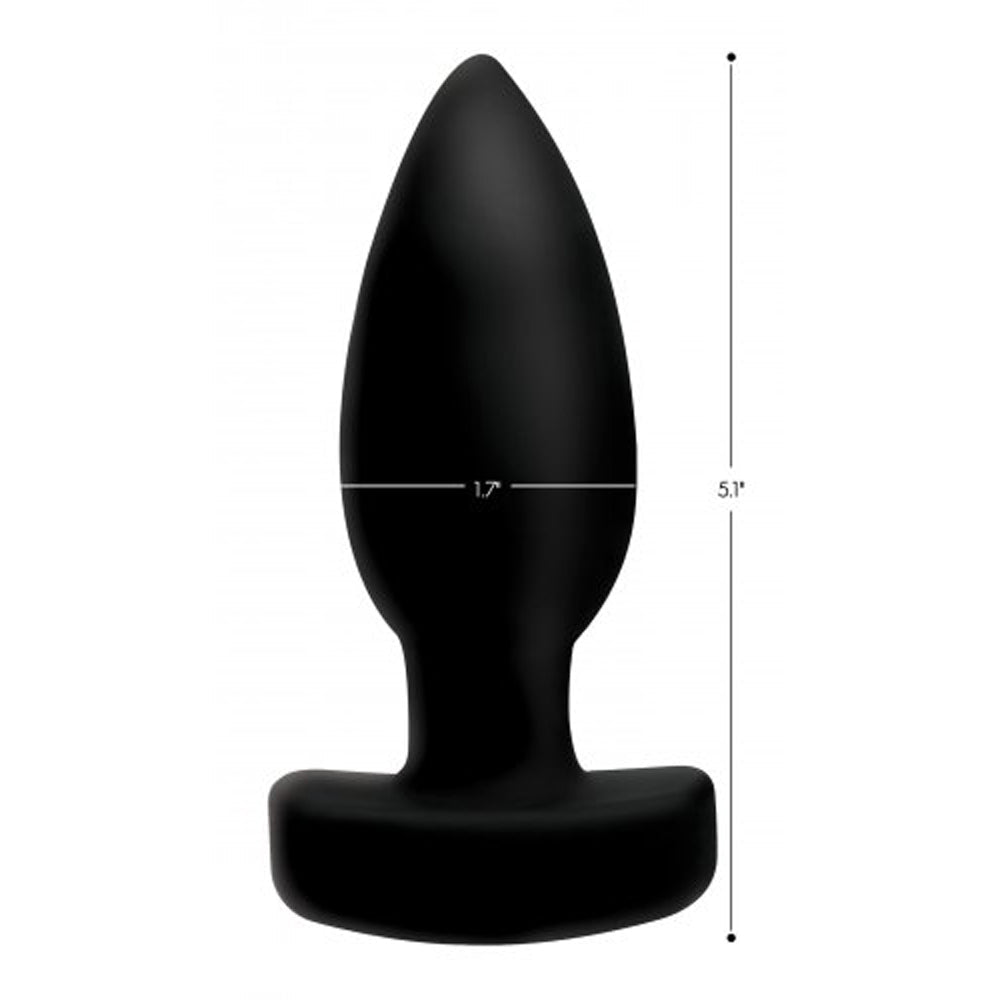 Black vibrating anal plug with 1.7 inch diameter and 5.1 inch length.