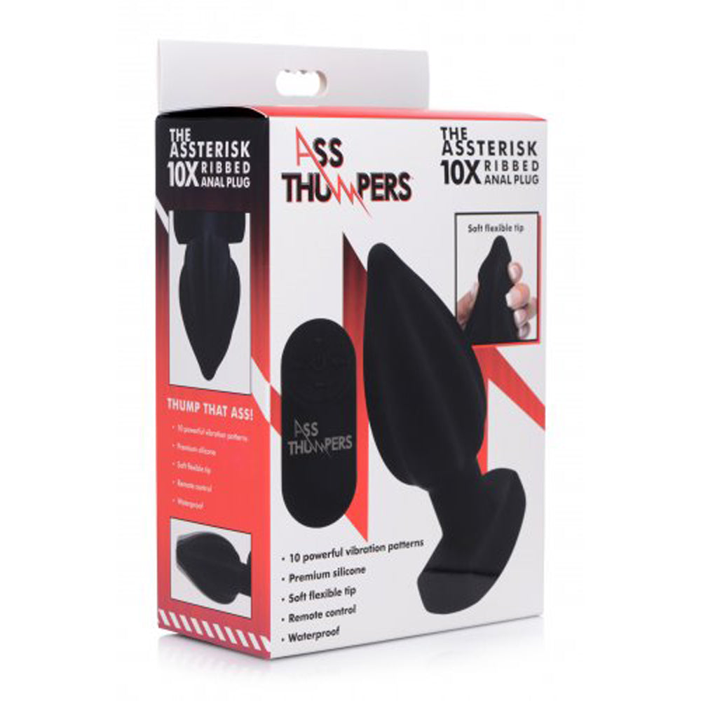 A black ribbed vibrating anal plug with a remote control on its packaging.