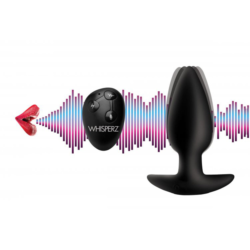 Black silicone butt plug with remote control and sound wave graphic.