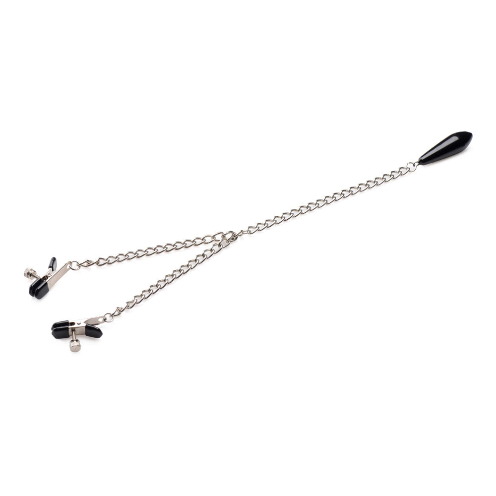 Black weighted nipple clamps with a bead and chain.