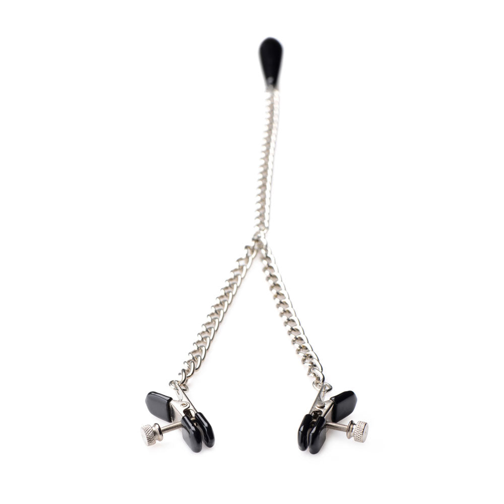 Black weighted nipple clamps with bead and chain.