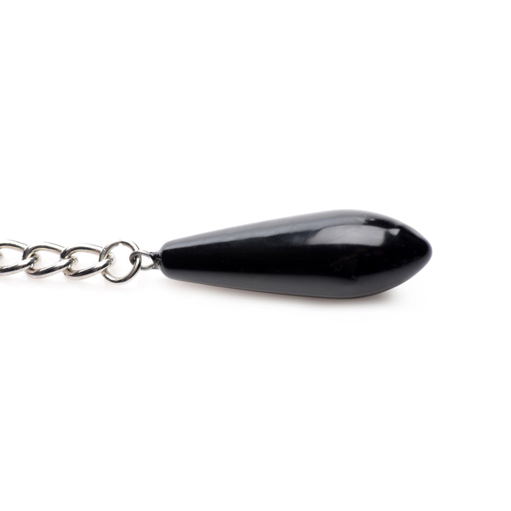 Black weighted nipple clamps with a bead and chain.