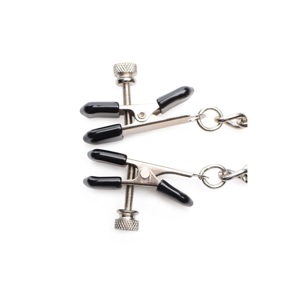 Two black weighted nipple clamps with chains and adjustable screws.