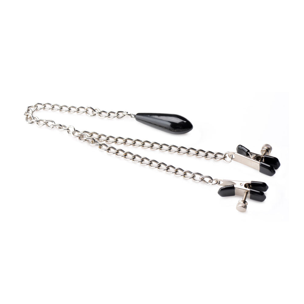 Black weighted nipple clamps with a chain and bead.