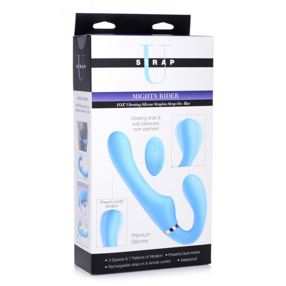 Blue vibrating strapless strap-on with remote control.