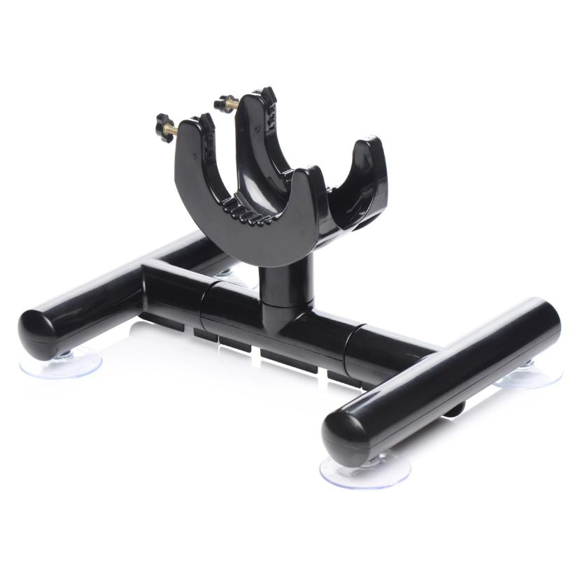 Black portable sex machine with suction cup mounts and adjustable holder.