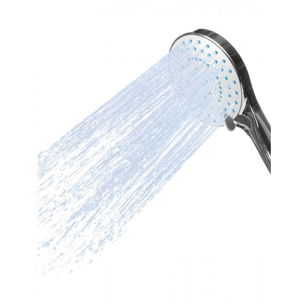 A silver shower head with water spraying from its blue nozzles.