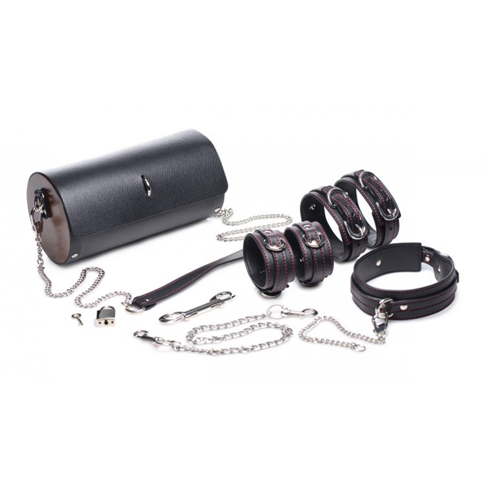 Black PU leather bondage set with case, cuffs, collar, and leash.