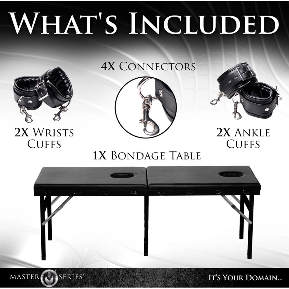 Bondage massage table with cuffs and connectors.