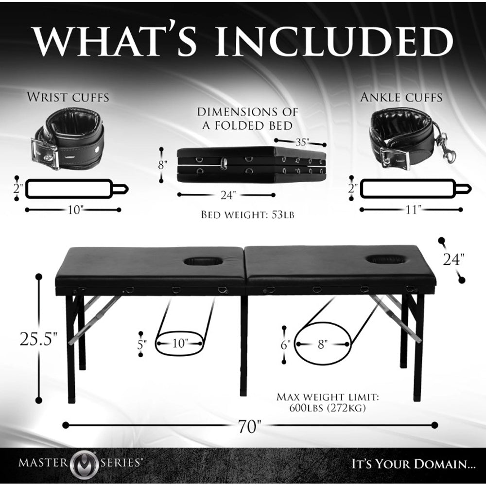 Bondage massage table with PU leather, wrist and ankle cuffs, and D-rings.