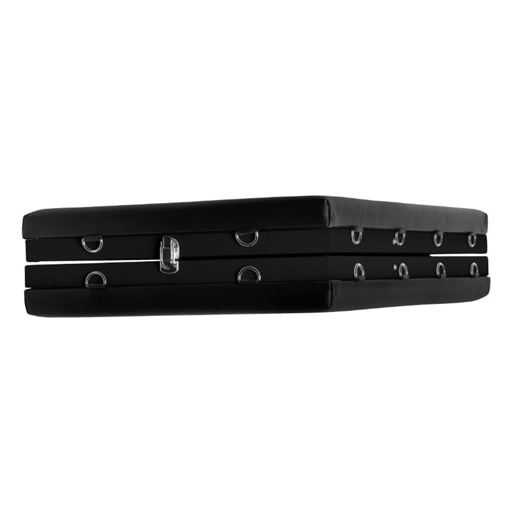 Black PU leather massage table with D-rings and a central clasp.