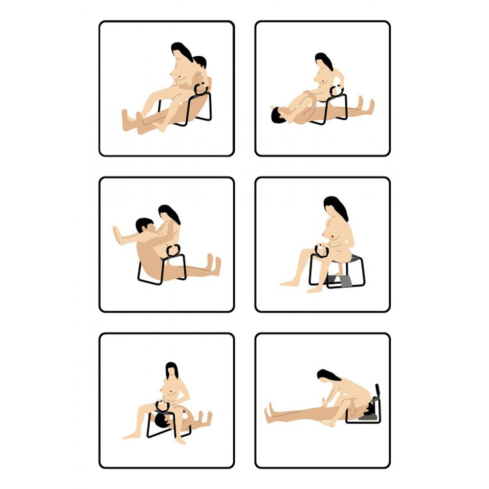 Six-panel diagram showing various intimate positions using the EZ-Ride sex stool with handles and dildo mount.