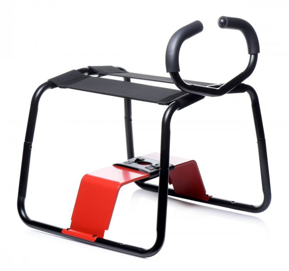A black and red stool with handles and a dildo mount.