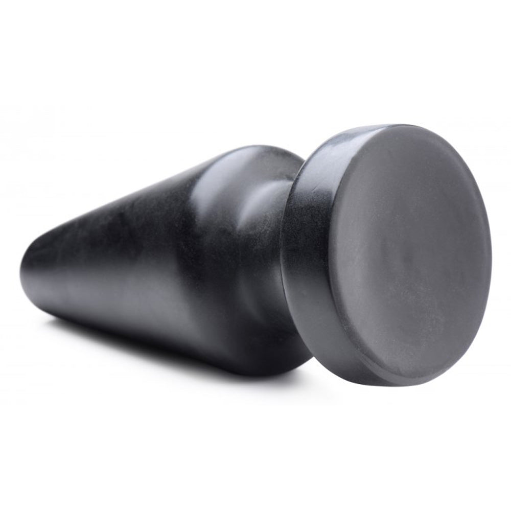 Large black PVC anal plug with a tapered tip and wide base.