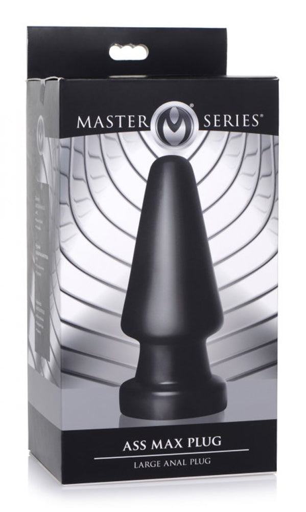 Black large anal plug with tapered tip on a box.