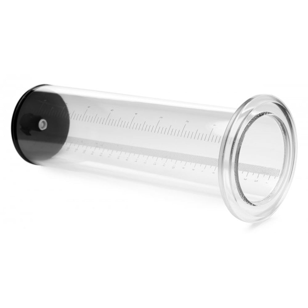 Clear acrylic penis pump cylinder with measurement markings and a black base.