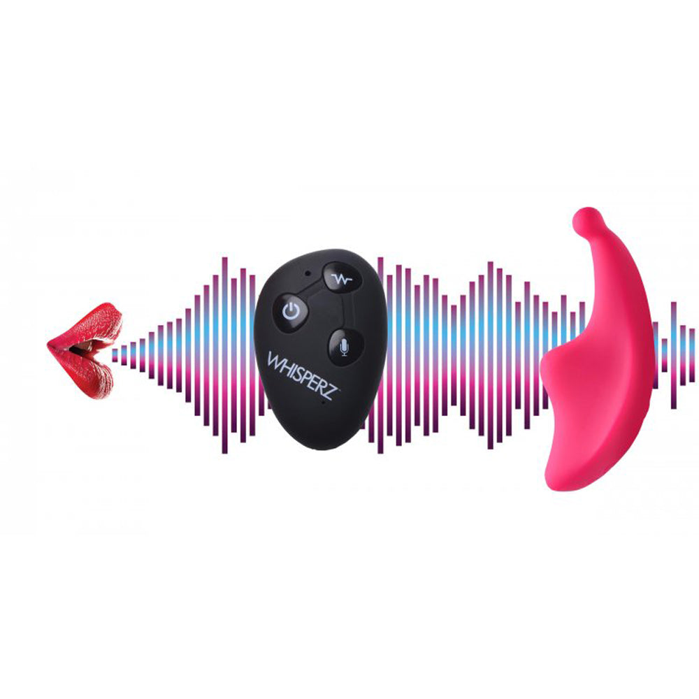 A pink vibrator with a remote control and sound wave graphics.