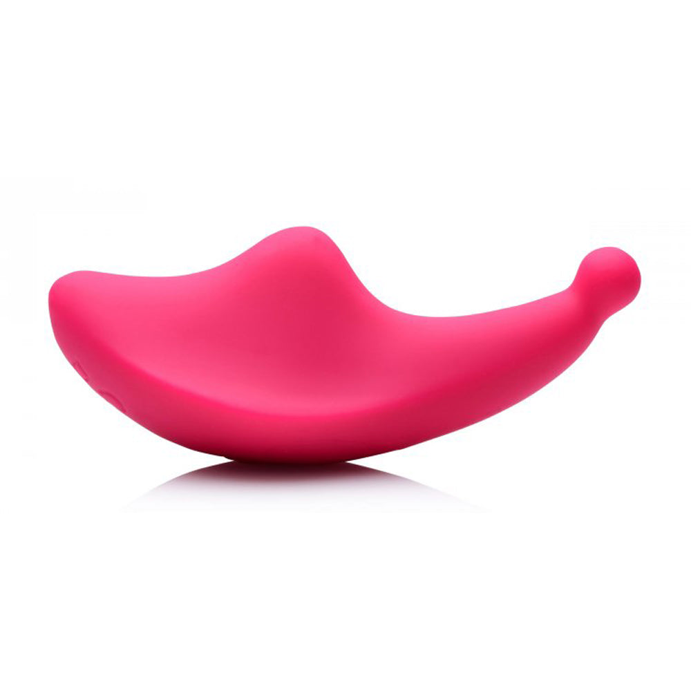 A pink, curved vibrator with a rounded tip on a white background.