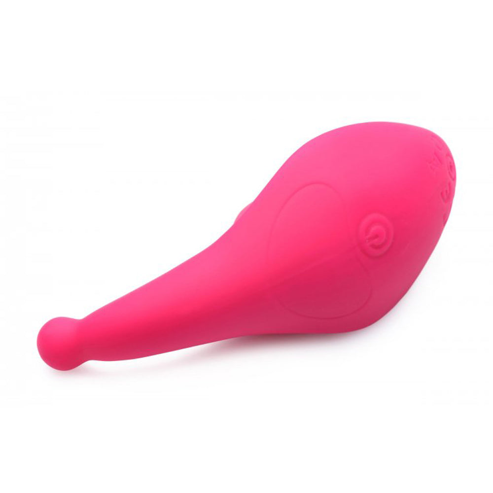 Pink whale-shaped vibrator with a power button.
