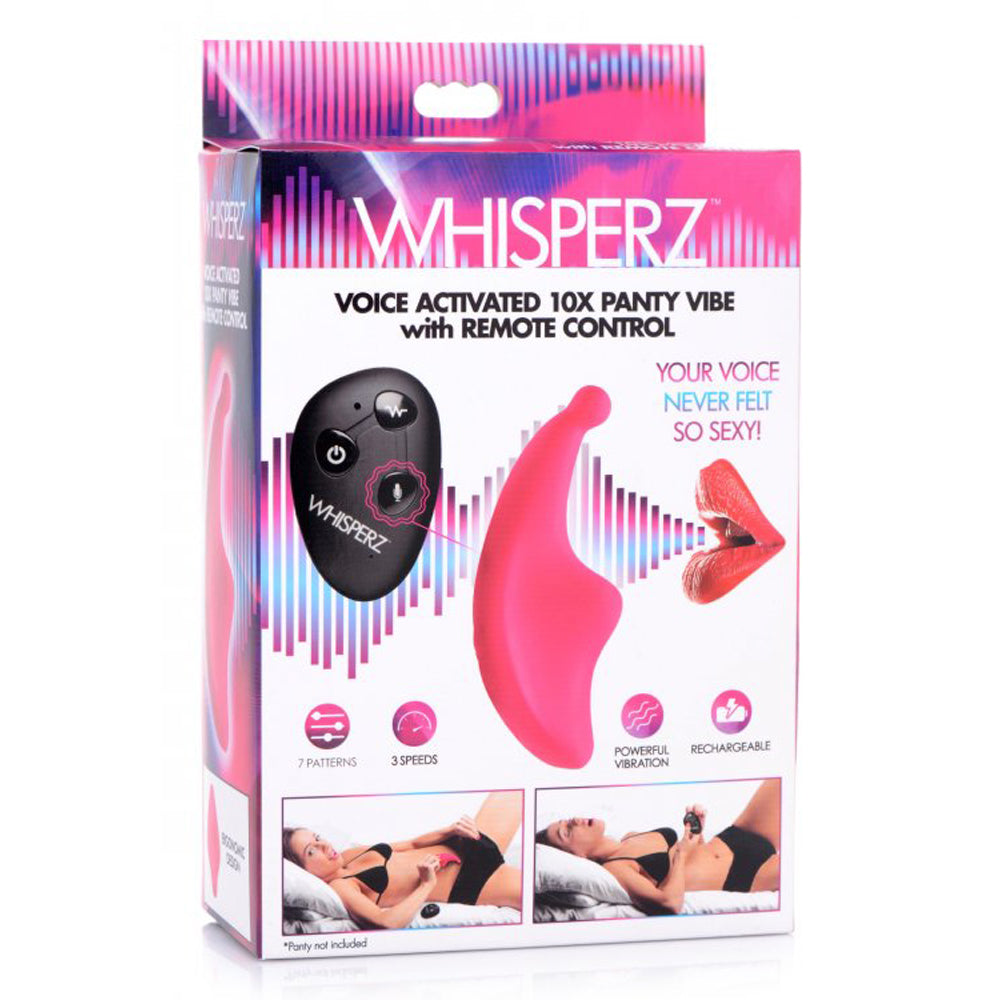 Voice activated panty vibrator with remote control and pink design.