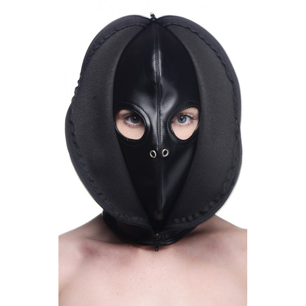Black PU leather zip-front bondage hood with eye and nose holes.