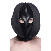 Black PU leather zip-front bondage hood with eye and nose holes.