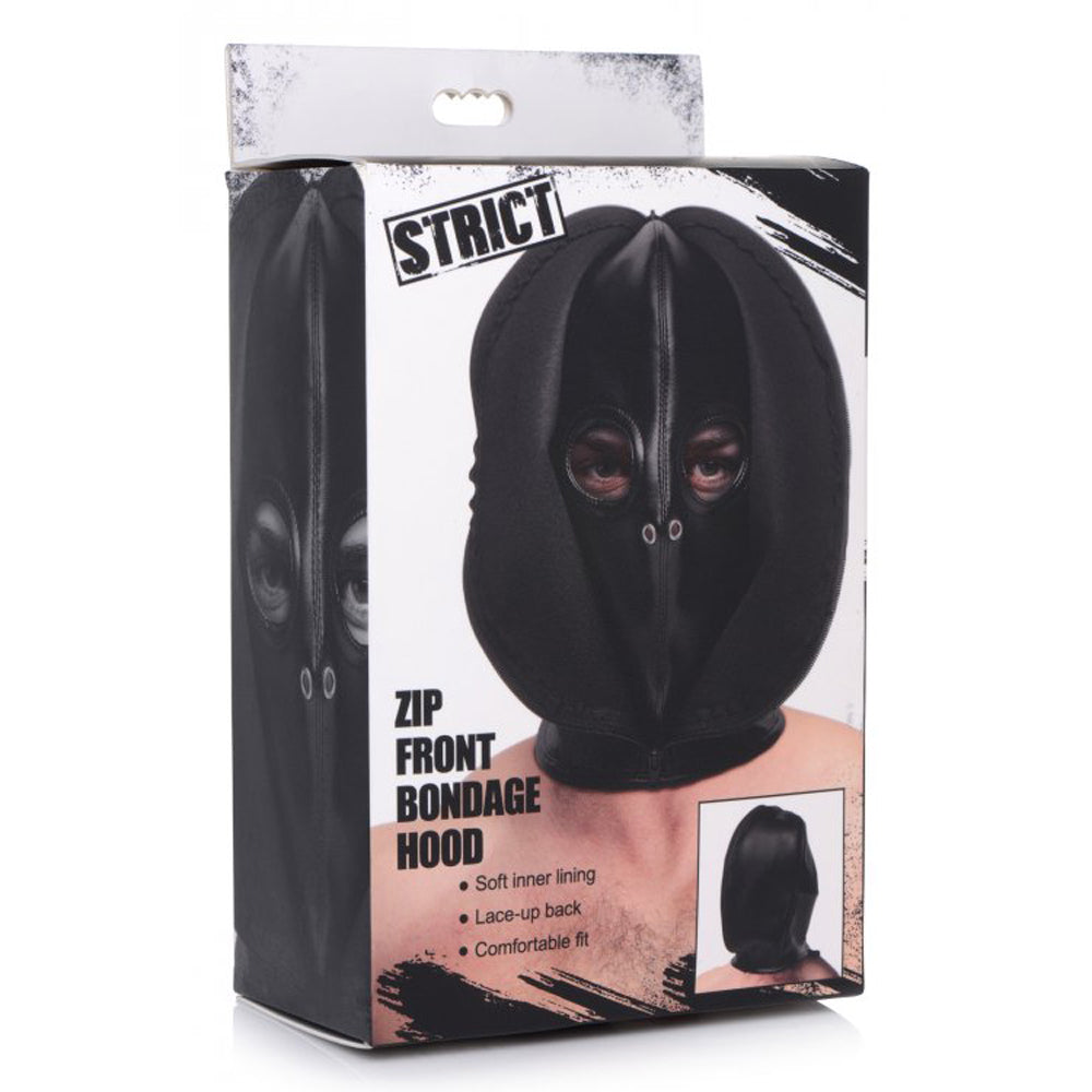 Black PU leather bondage hood with zip front and eye holes.