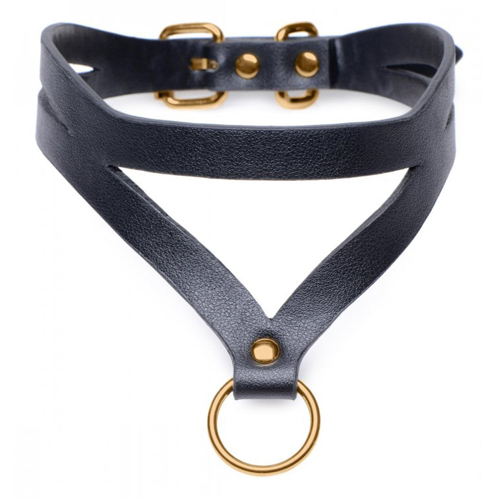 Black PU leather collar with gold O-ring and hardware.