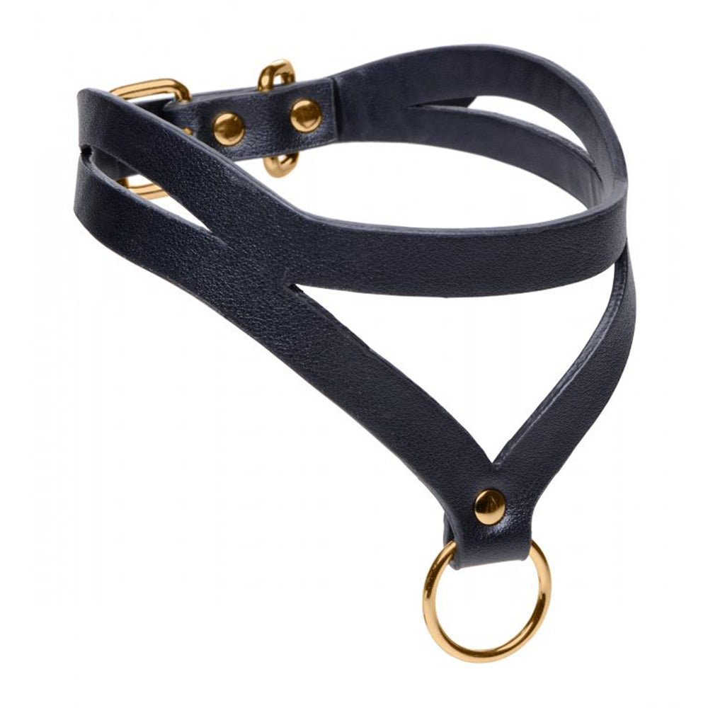 Black PU leather collar with gold O-ring and hardware.
