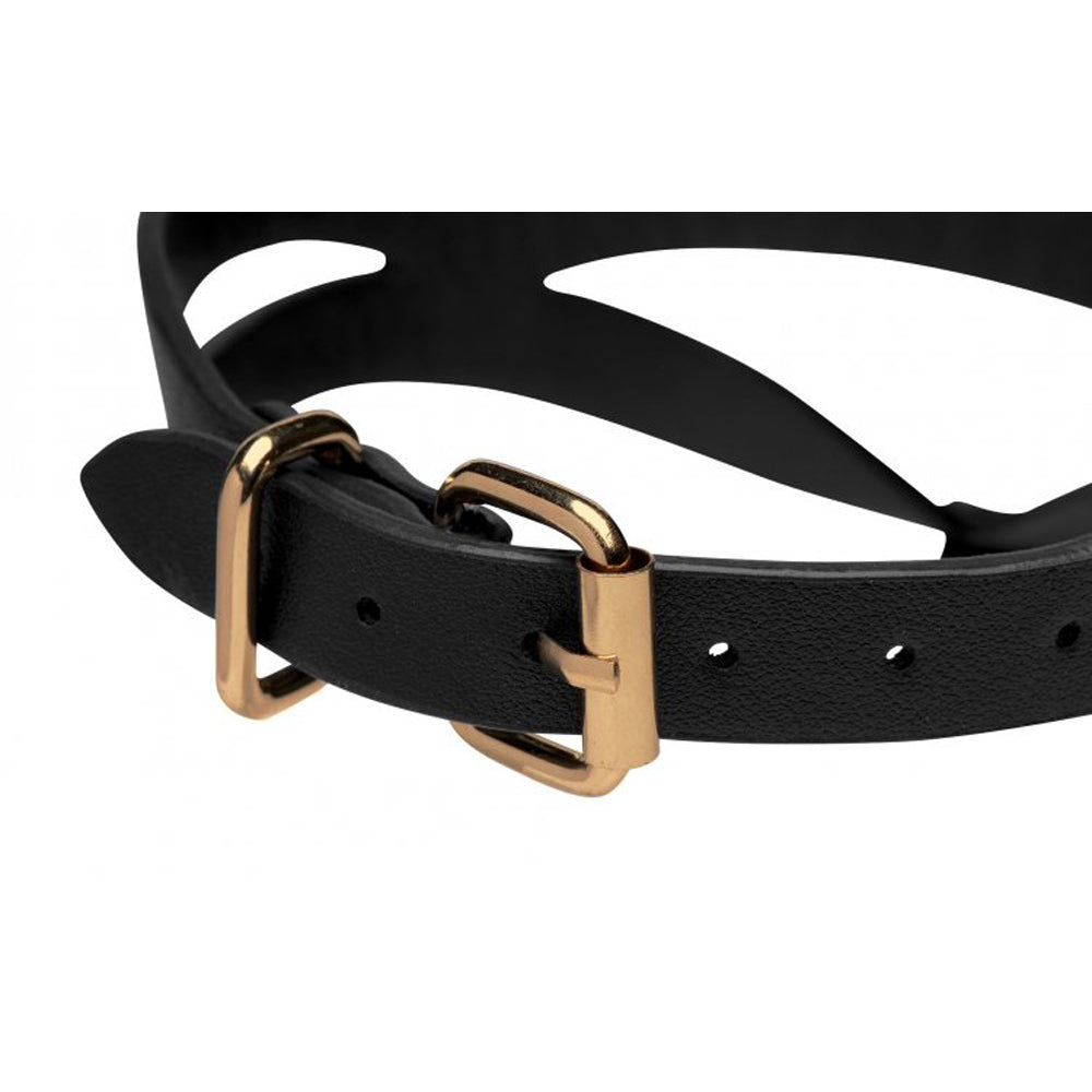 Black PU leather collar with gold O-ring and buckle.